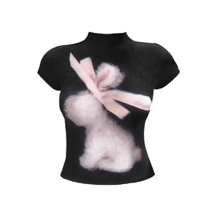 大码胖mm纯欲风丝带兔子印花褶皱短袖T恤美式辣妹显瘦修身上衣女