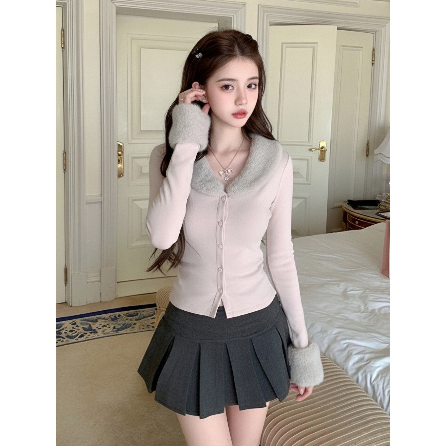 大码胖mm韩系温柔风长袖t恤女冬季穿搭毛领粉色打底衫修身上衣潮,女装/女士精品,大码内搭,淘宝优惠券,粉丝福利购,淘宝优惠卷