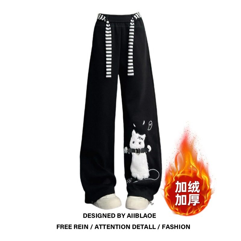 大码黑色减龄可爱猫咪卫裤女秋冬胖mm休闲显瘦宽松阔腿百搭运动裤,女装/女士精品,大码裤装,淘宝优惠券,粉丝福利购,淘宝优惠卷