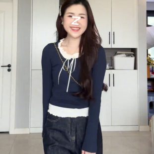 设计感拼接T恤秋季 法式 微胖mm撞色绑带木耳边假两件上衣 女装 大码