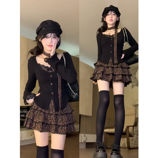 豹纹半身裙两件套装 大码 上衣 胖mm性感纯欲风秋季 假两件飘带长袖