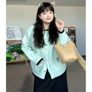 显瘦毛衣外套上衣 秋冬新款 大码 微胖MM韩系百搭提花小香风针织开衫