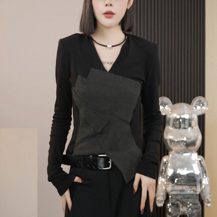 长袖 大码 显瘦打底衫 不对称窄V领拼色加绒磨毛T恤修身 上衣 胖mm冬季
