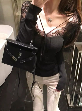大码胖mm蕾丝针织打底衫女秋冬修身显瘦性感辣妹纯欲长袖v领上衣