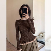 t恤打底衫 女秋冬大码 胖MM花边下摆短款 韩系碎花正肩长袖 修身 上衣