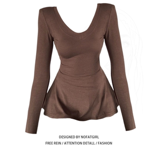 大码胖mm韩系复古V领长袖T恤女秋季新款修身显瘦掐腰打底内搭上衣