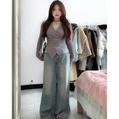 胖MM修身 大码 百搭显瘦灰色上衣 T恤女秋季 新款 美式 辣妹不规则长袖