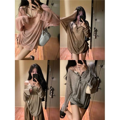 纯欲风宽松显瘦V领长袖防晒T恤