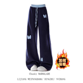 直筒加绒裤 大码 子 女秋冬新款 运动卫裤 胖MM美式 蝴蝶贴布阔腿休闲裤
