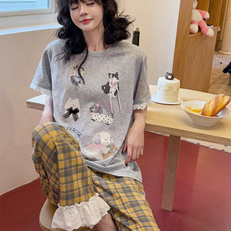 小熊家纯棉睡衣女夏季宽松可爱少女短袖长裤格子家居服可外穿薄款,女士内衣/男士内衣/家居服,睡衣/家居服套装,淘宝优惠券,粉丝福利购,淘宝优惠卷