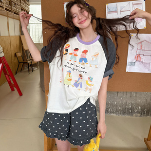 小熊家睡衣女夏季夏款纯棉薄款短袖套装宽松休闲可外穿出门家居服