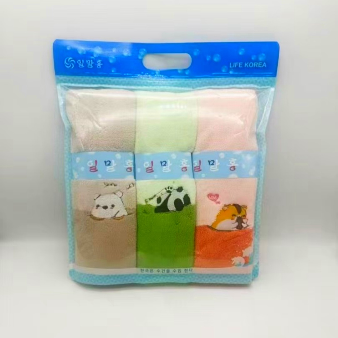 韩国进口熊猫刺绣超细纤维毛巾面巾吸水不掉毛洗脸洗澡洁面3条装