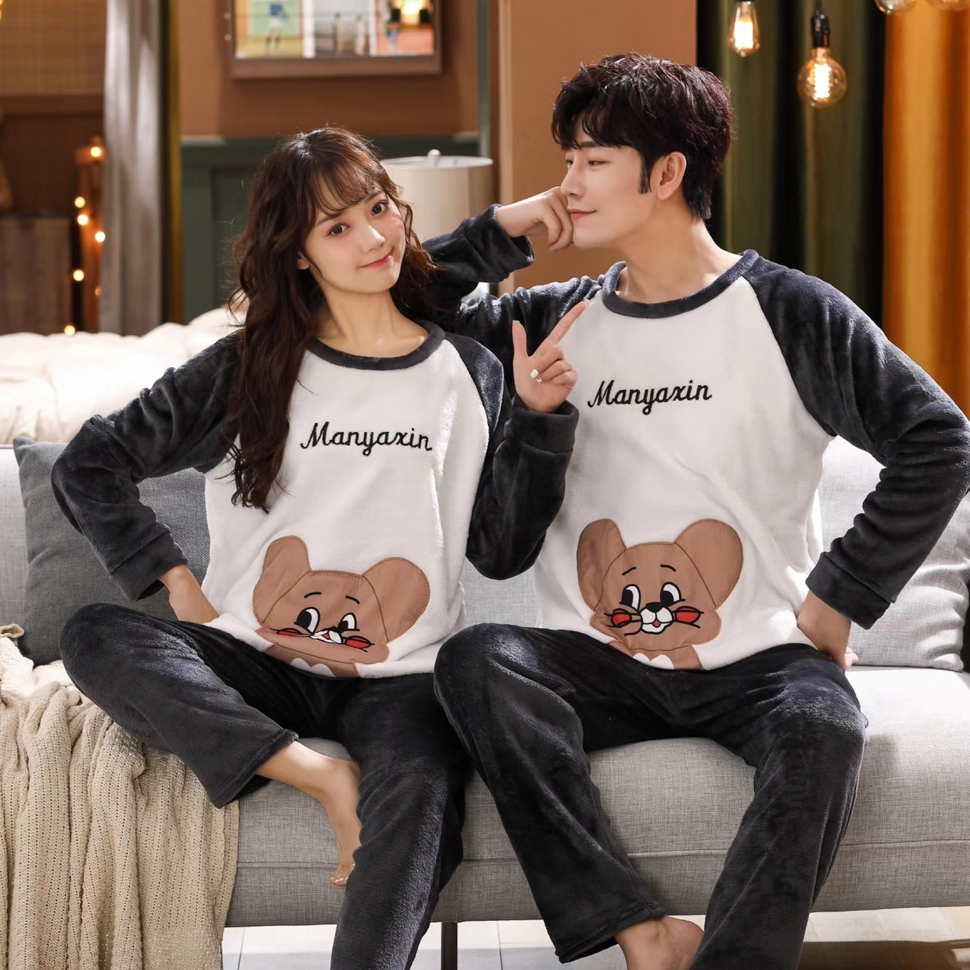 冬季睡衣女加厚保暖珊瑚绒青少年简约男士厚款法兰绒卡通情侣套装