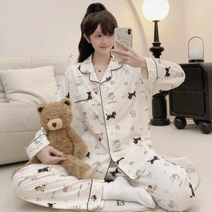 长袖 薄款 腊肠狗睡衣女春秋季 带胸垫大码 宽松韩版 家居服可外穿套装