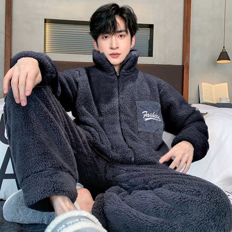 珊瑚绒男士睡衣秋冬款2025新款青少年加厚加绒休闲拉链家居服套装