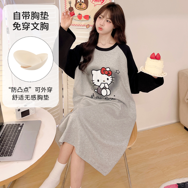 睡裙女款春秋季2025新款带胸垫可爱hellokitty大码长袖睡衣家居服