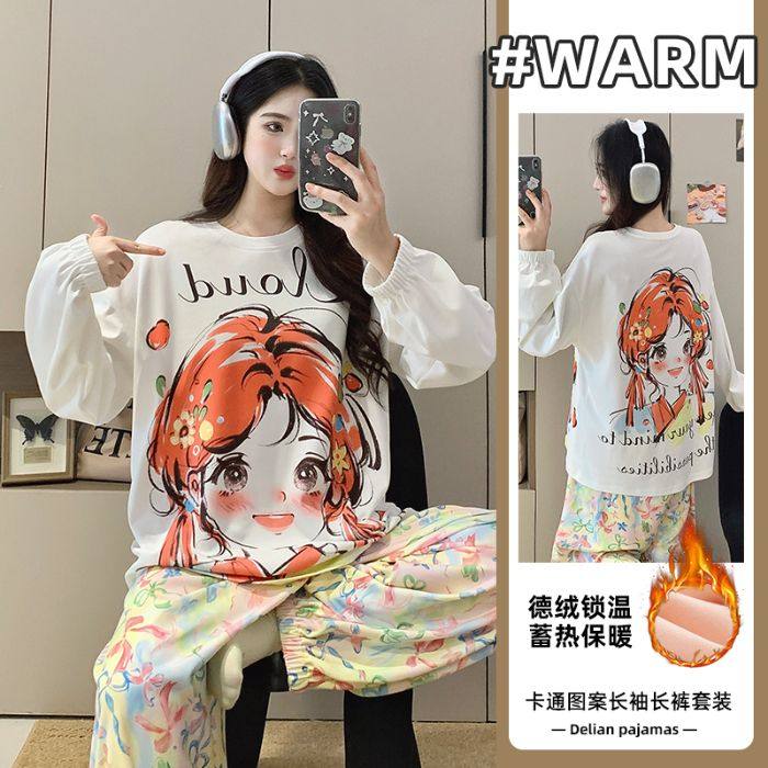 新款德绒睡衣女秋冬季保暖长袖可外穿女士大码卡通甜美家居服套装
