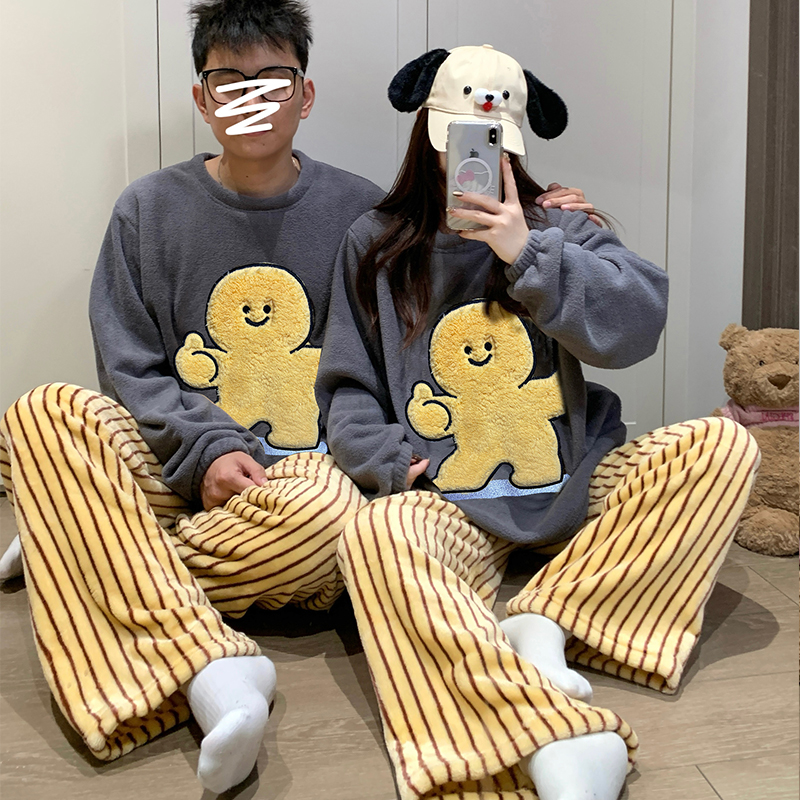 条纹情侣睡衣女款秋冬季珊瑚绒加绒加厚可爱卡通法兰绒男士家居服