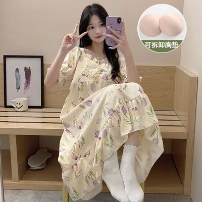 带胸垫睡裙女士夏季纯棉短袖睡衣郁金香甜美薄款性感家居服可外穿