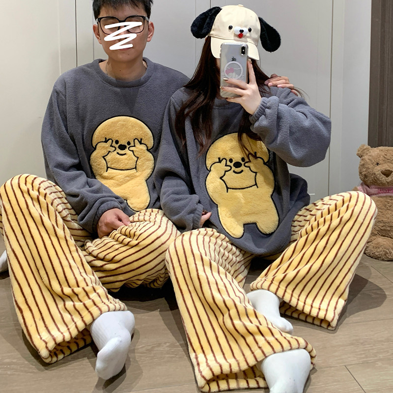 卡通可爱睡衣男女新款冬季加绒加厚米粒绒情侣简约条纹家居服套装