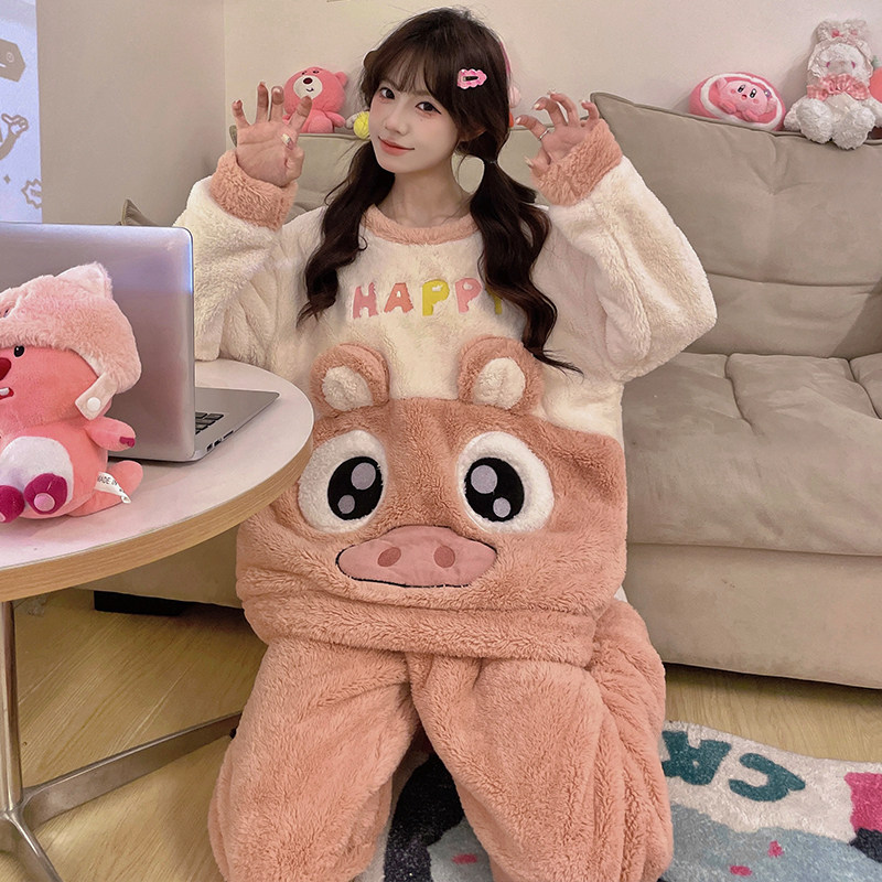 珊瑚绒睡衣女士秋冬季2025新款加绒加厚保暖可爱法兰绒家居服套装