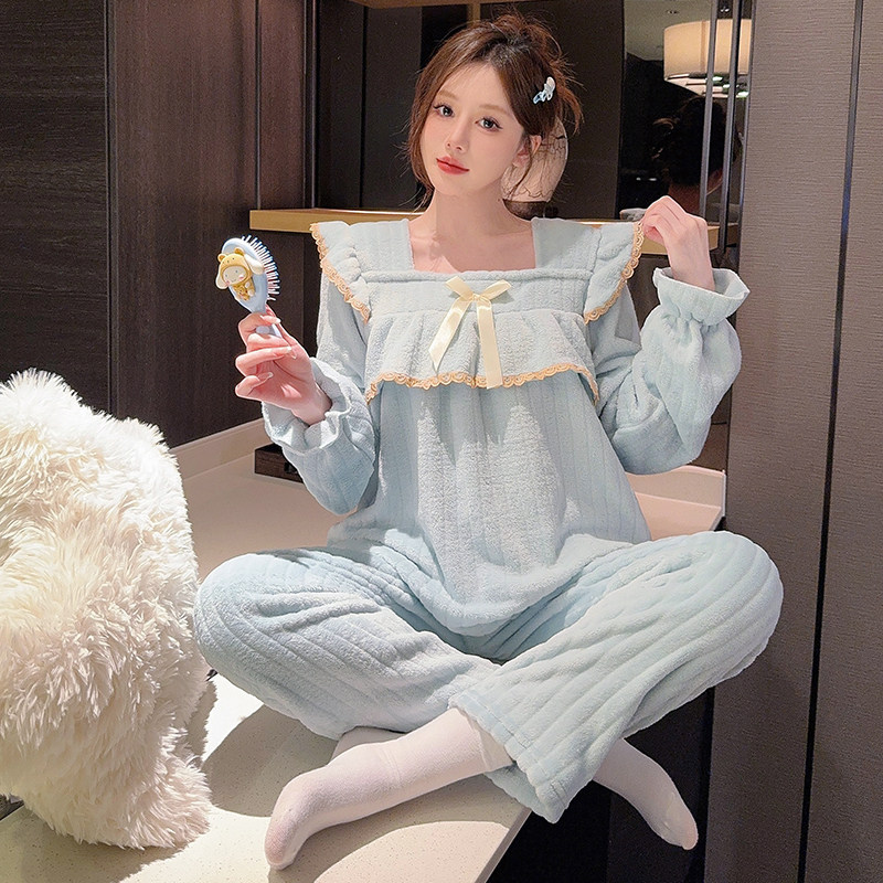 睡衣秋冬季花边绒公主风长袖加厚甜美可爱学生宽松家居服女士套装