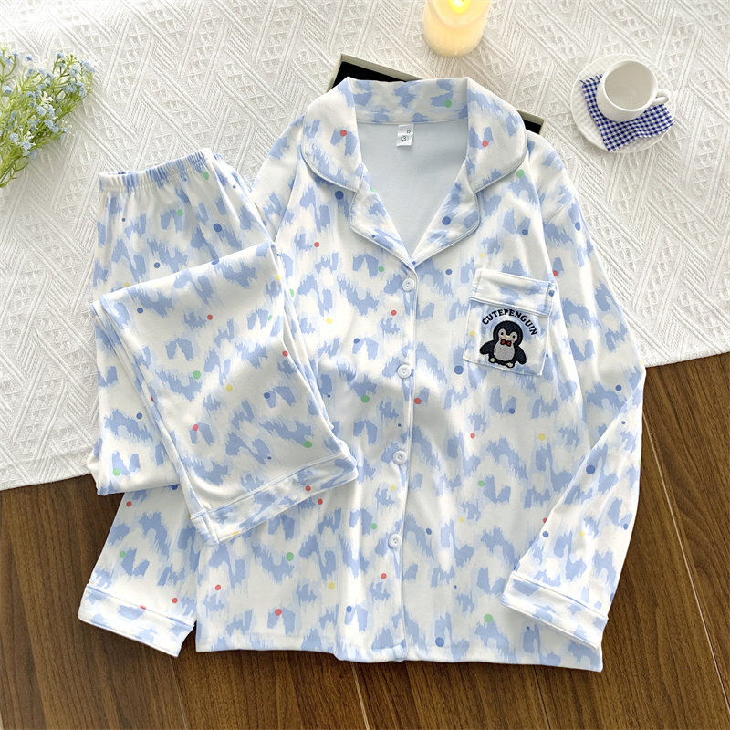 卡通企鹅睡衣少女2025新款秋冬季德绒晕染宽松家居服套装可外穿