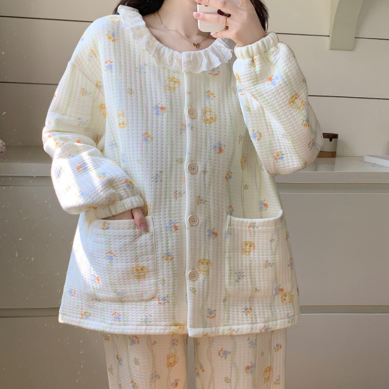 睡衣女秋冬空气棉夹层加厚开衫长袖卡通甜美保暖家居服套装可外穿