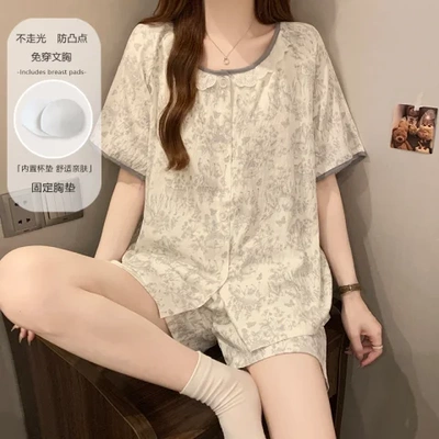 纯棉夏季女睡衣带胸垫韩版碎花开衫短袖短裤家居服宽松套装可外穿