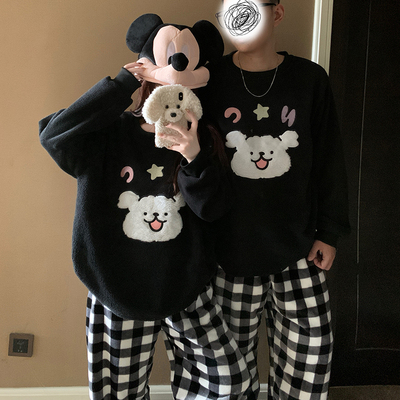 卡通线条小狗睡衣米粒绒情侣装男女士秋冬季加绒加厚法兰绒家居服