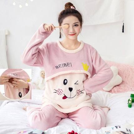 法兰绒月子服睡衣女秋冬季加绒加厚怀孕期产妇哺乳家居服两件套装