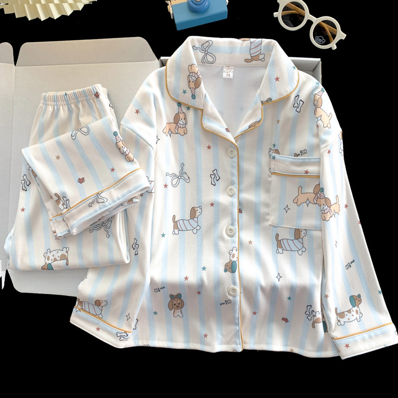 蓝条腊肠狗卡通睡衣少女2025新款秋冬季德绒保暖女孩家居服可外穿