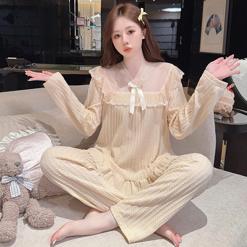 2025新款秋冬甜美睡衣女士蕾丝花边甜美套头长袖家居服两件套装