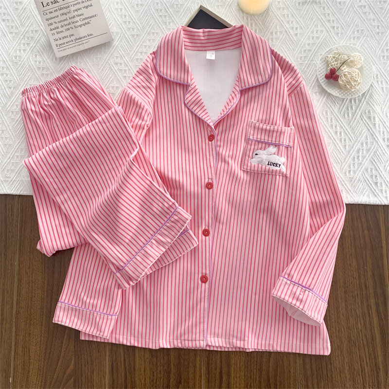 德绒睡衣女士秋冬新款翻领保暖甜美可爱条纹翻领家居服套装可外穿