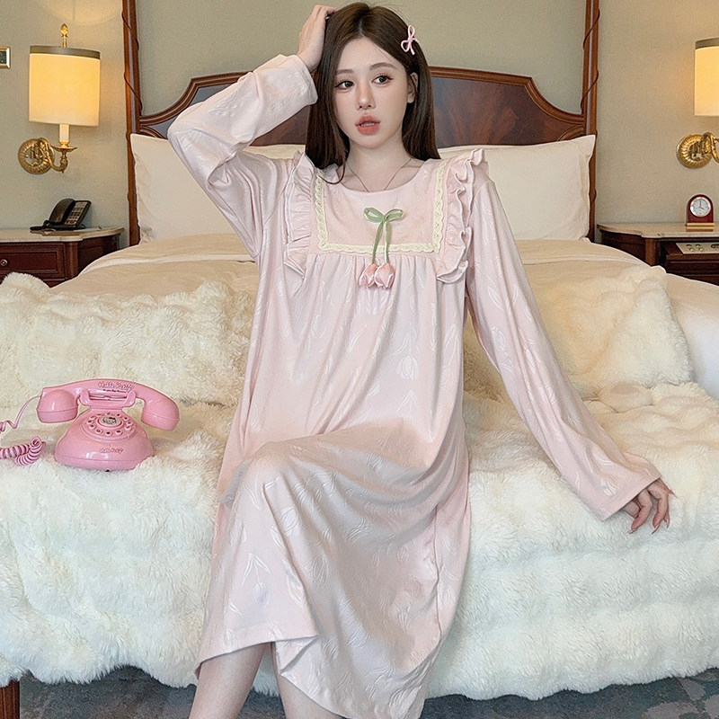 保暖德绒睡衣女秋冬季甜美公主风长袖睡裙中长款大码200斤家居服