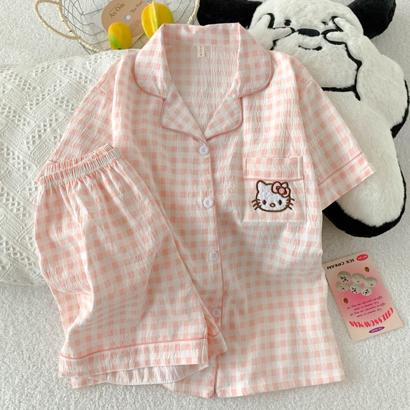 开衫纯棉短袖睡衣女夏季可爱粉格子甜美KT猫学生家居服薄套装外穿