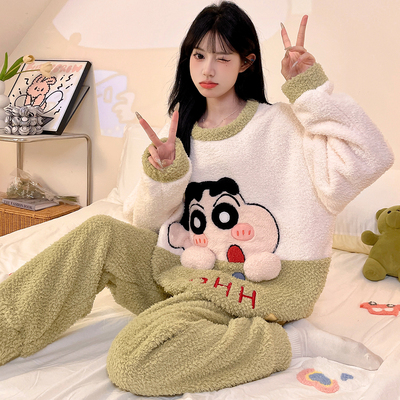 睡衣冬季女款珊瑚绒加厚长袖蜡笔小新宽松法兰绒家居服套装可外穿