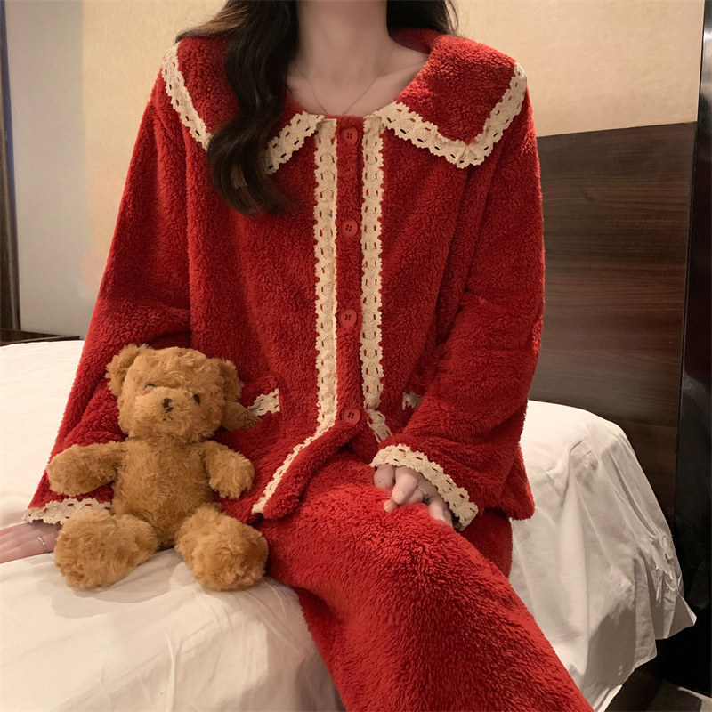 红色珊瑚绒加厚法兰绒睡衣套装