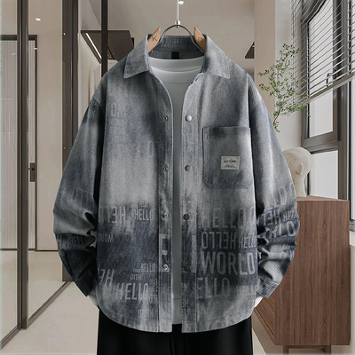牛仔外套春秋字母渐变色印花衬衫翻领夹克青少年男士痞帅宽松长袖