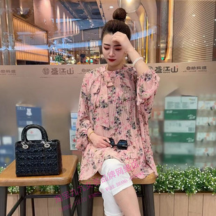 韩版碎花雪纺衫女春夏新款上衣蝴蝶结百褶显瘦百搭遮肉中长款大衫
