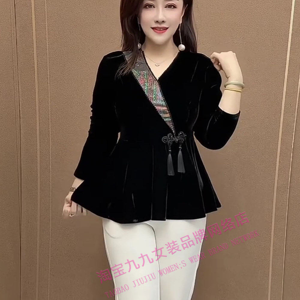 时尚国风丝绒拼接衬衫女秋冬新款女盘扣设计感气质长袖修身上衣