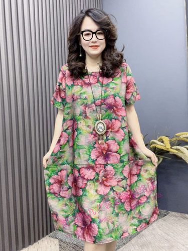 宽松大版丝麻连衣裙中年女士夏季