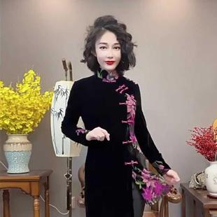 金丝绒拼接中长款衬衫女时尚百搭显瘦气质妈妈装盘扣立领国风上衣
