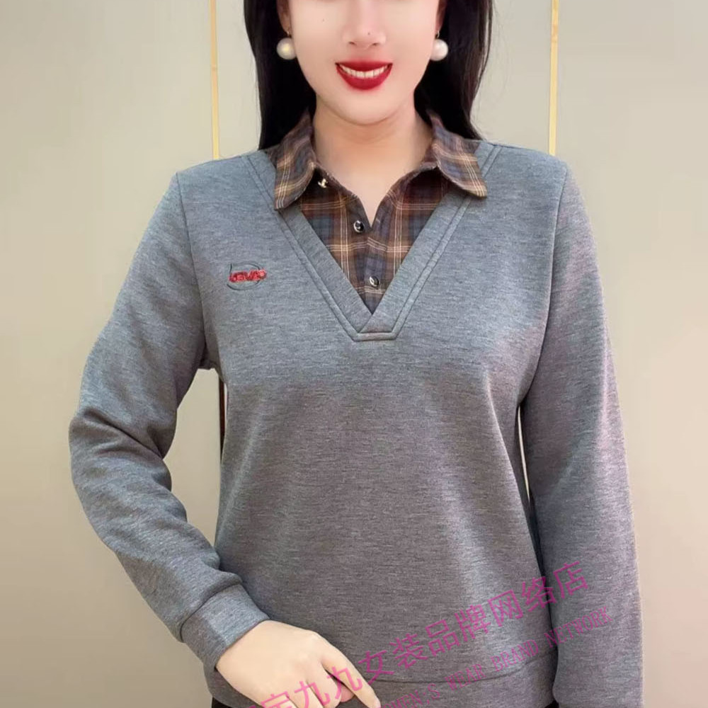 中老年女装假两件撞色翻领长袖