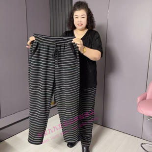 显瘦时尚休闲条纹哈伦裤女中老年百搭松紧腰抽绳宽松显瘦大码长裤