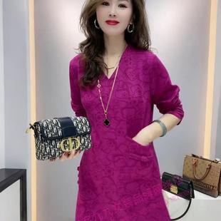 v领长袖时尚国风大衫女秋冬盘扣单兜简约轻熟风减龄显瘦连衣裙