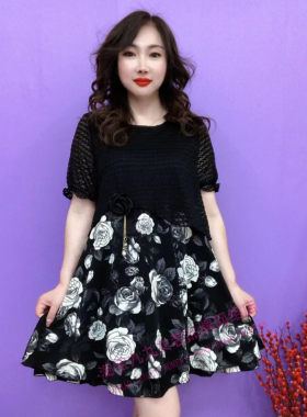 玫瑰花拼接假两件连衣裙女士夏季