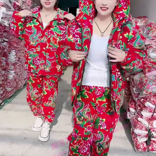 网红款东北大花棉袄男女同款连帽宽松保暖加厚棉服外套时尚
