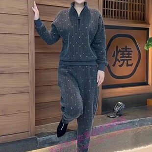 时尚大码春秋冬百搭休闲套装女新款连帽拉链上衣哈伦裤加厚两件套