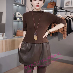 打底衫 假两件PU皮拼接T恤女2025季 显瘦中长款 长袖 冬新款